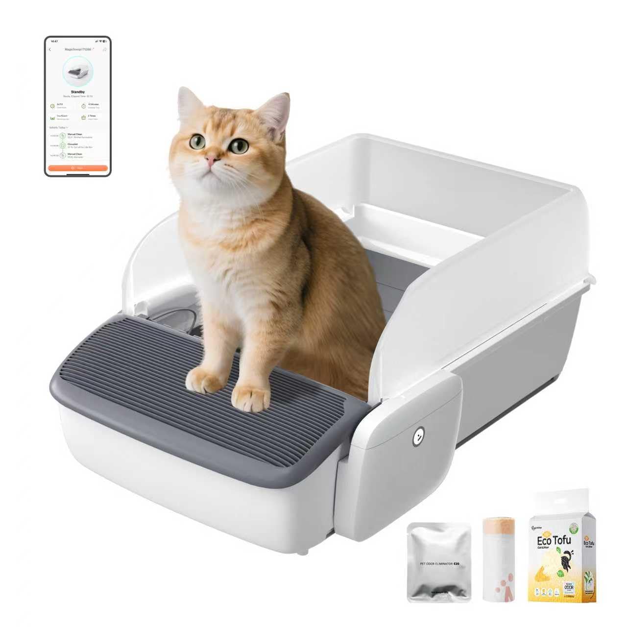 Smart Self-Cleaning Cat Litter Box with APP Control, Automatic Odor-Free Litter Box for Multiple Cats, Large Waste Bin & Trash Bags Included, Open-Top Design, Infrared Safety Sensors