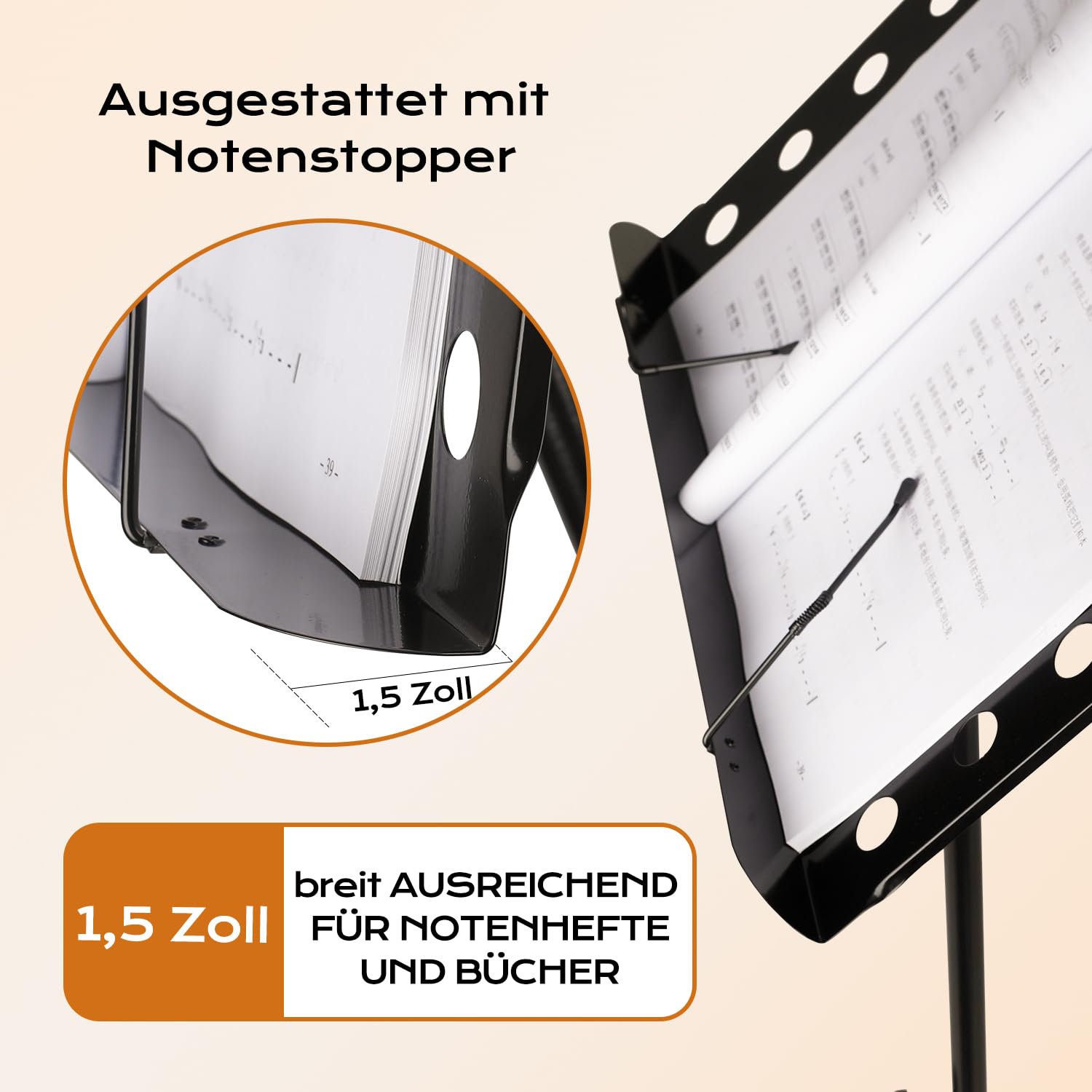 Orchesterpult Lochblech Notenständer Stabiler faltbar, höhenverstellbar von 70cm bis 160cm Metall-Ständer, Notenpult für dicke Bücher, Tablets und Notenblätter mit Notenklemmen und Ablage, Schwarz