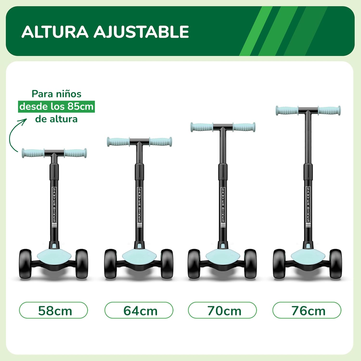 Sawyer Bikes - Patinete Ajustable Ruedas LED - Niños 2 a 8 Años