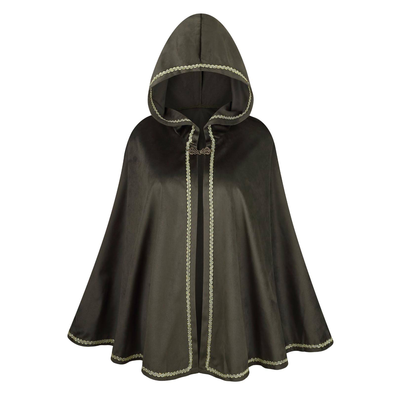 RRCBMD Adult Women Medieval Renaissance Hooded Cape Women Velvet Short Green Lace Cloak Victorian Halloween Witch Cosplay 25.5Inch