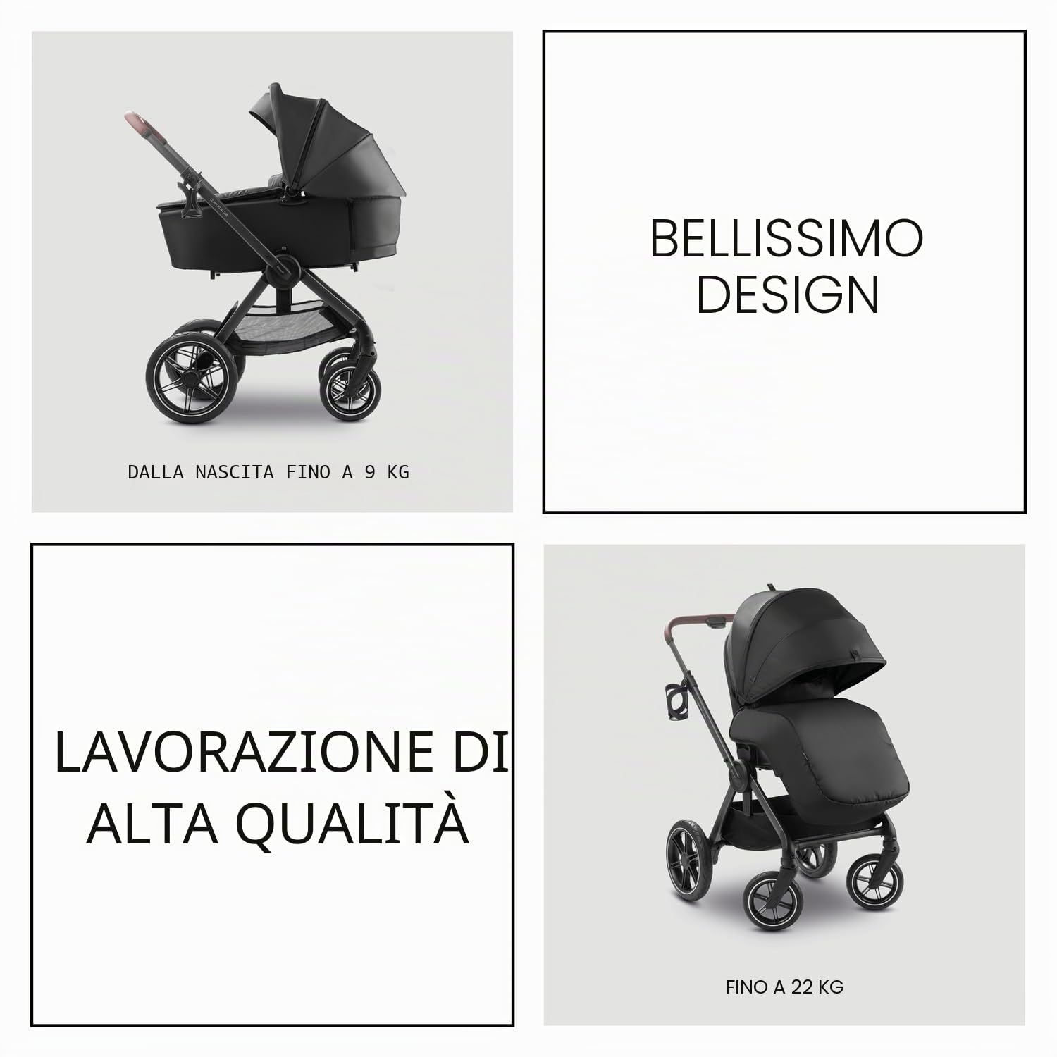 hauck Comfort N Care Set, Black - Passeggino 2in1 con Ruote di Gomma, Navicella Neonato con Pulsanti Memoria, Seduta Reversibile Reclinabile fino a 22 kg, Coprigambe, Portabibite, Sospensione