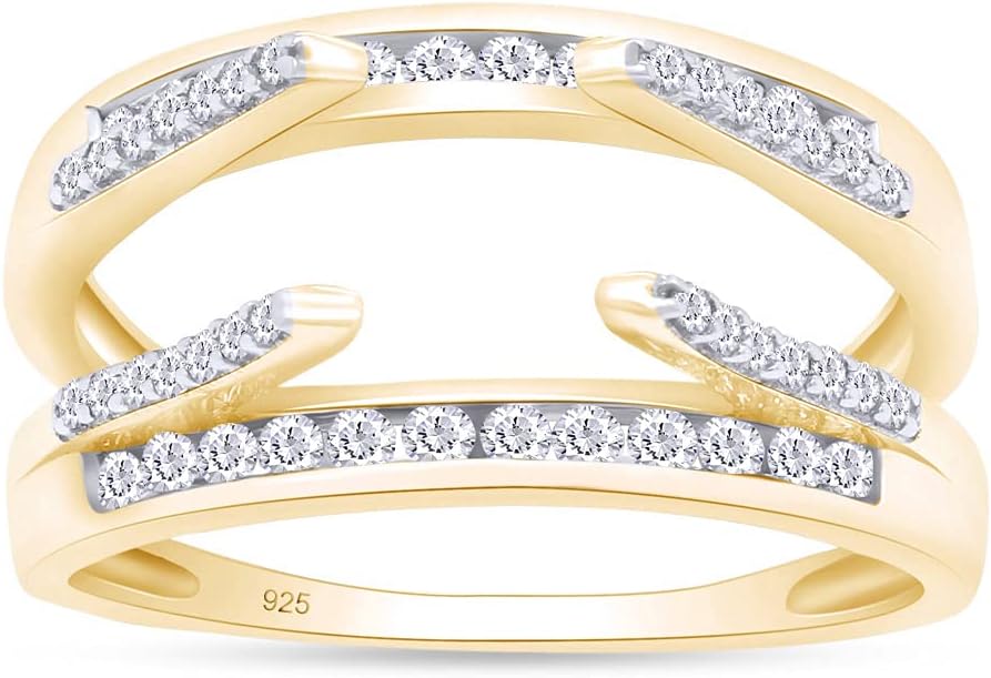 Round Cut White Cubic Zirconia Solitaire Chevron Double Enhancer Guard Ring, 14K White Gold Over Sterling Silver, Elegant Wedding Jewelry for Women