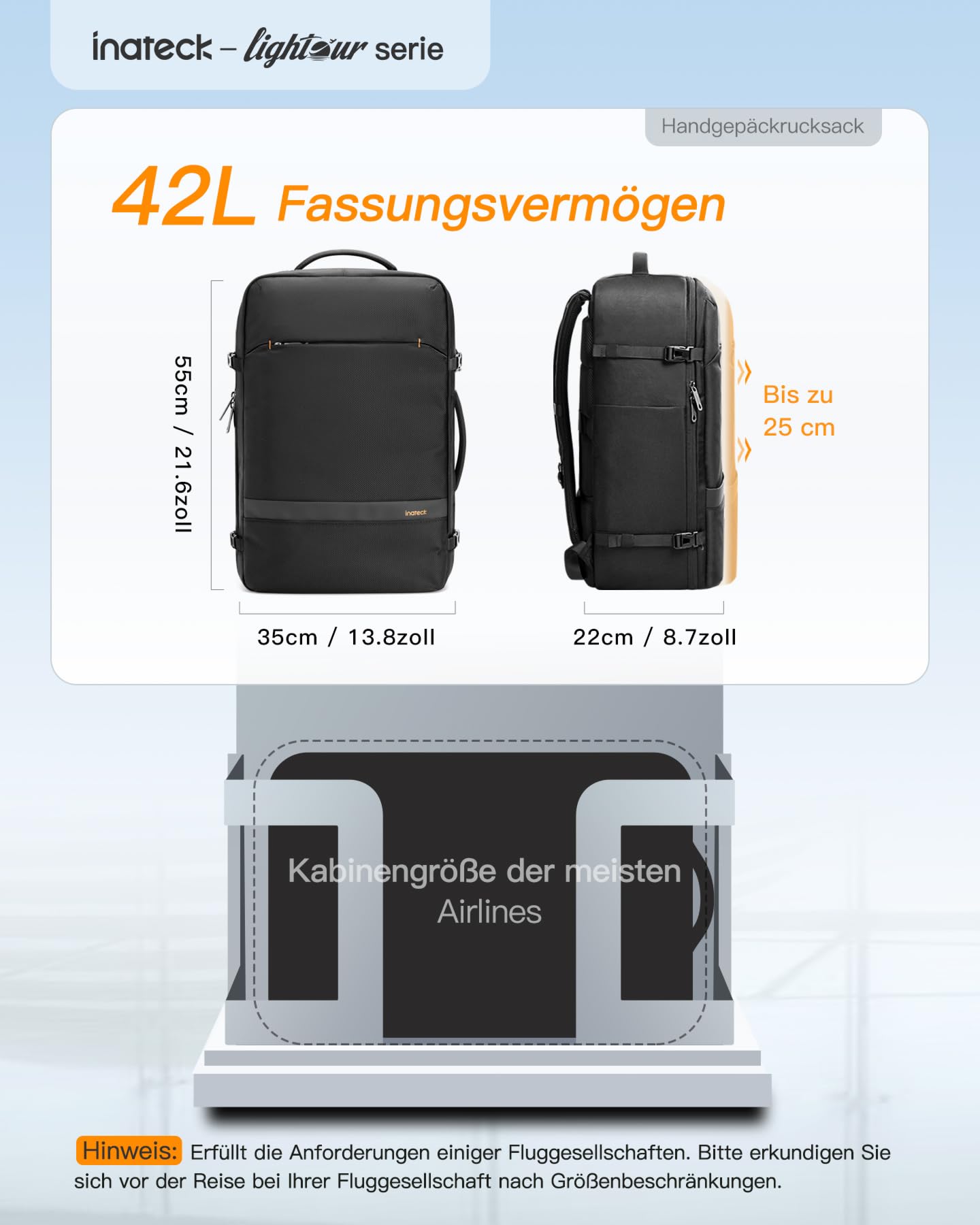 Inateck 42L Supergroßer Handgepäck Reiserucksack Flugzeug Laptop Rucksack für 15,6 Zoll Notebooks, Flug Genehmigt Kabinenrucksack für Weekender | Carry on Kabinenrucksack für 15,6 Zoll Notebooks, Hauptfach um 180° öffnen, Flug Genehmigt für Weekender.Busi