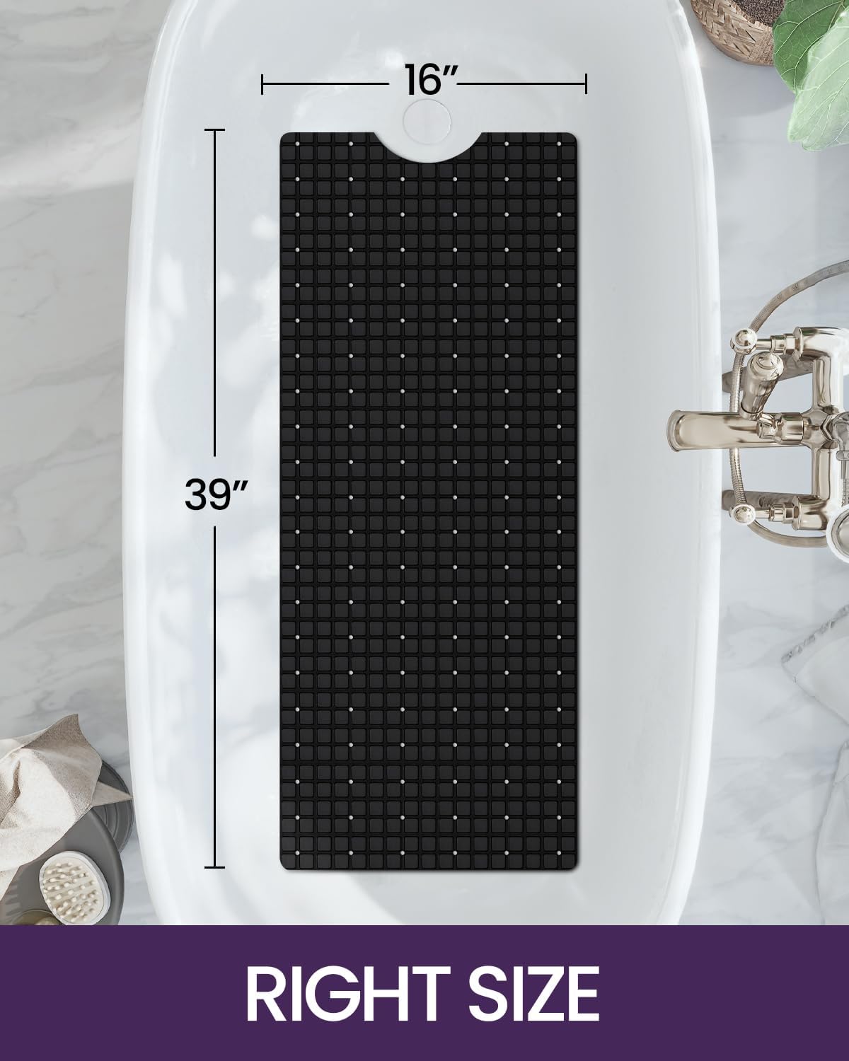 DEXI Bathtub Mat Non Slip, Extra Long 39x16, Suction Cups, Drain Holes, Machine Washable for Tub Shower Floor, Black - Image 2