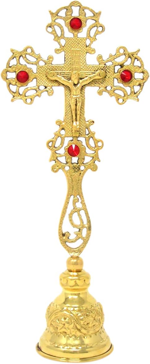 Needzo High Polished Brass Altar Standing Crucifix, Red Rhinestone Details, 11.75 Inches