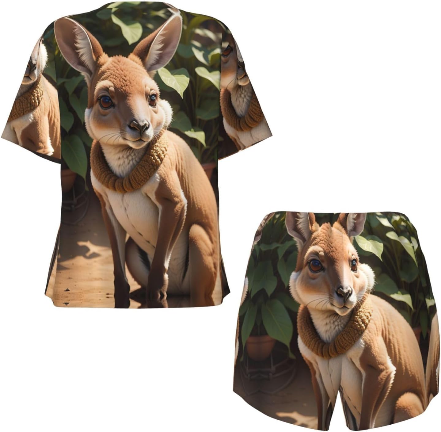 Funny For Kangaroo Zoo Print Short Sleeve Pajama Set,Soft Comfy Pjs For Women,Perfect For Sleep And Loungewear