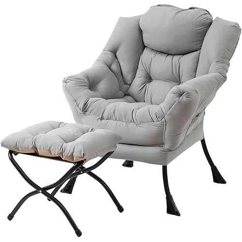 Welnow Lazy Chair with Ottoman, Modern Accent Chair with Armrests and a Side Pocket, Leisure Sofa Armchair Set, Reading Armchair with Footrest for Small Space, Light Grey