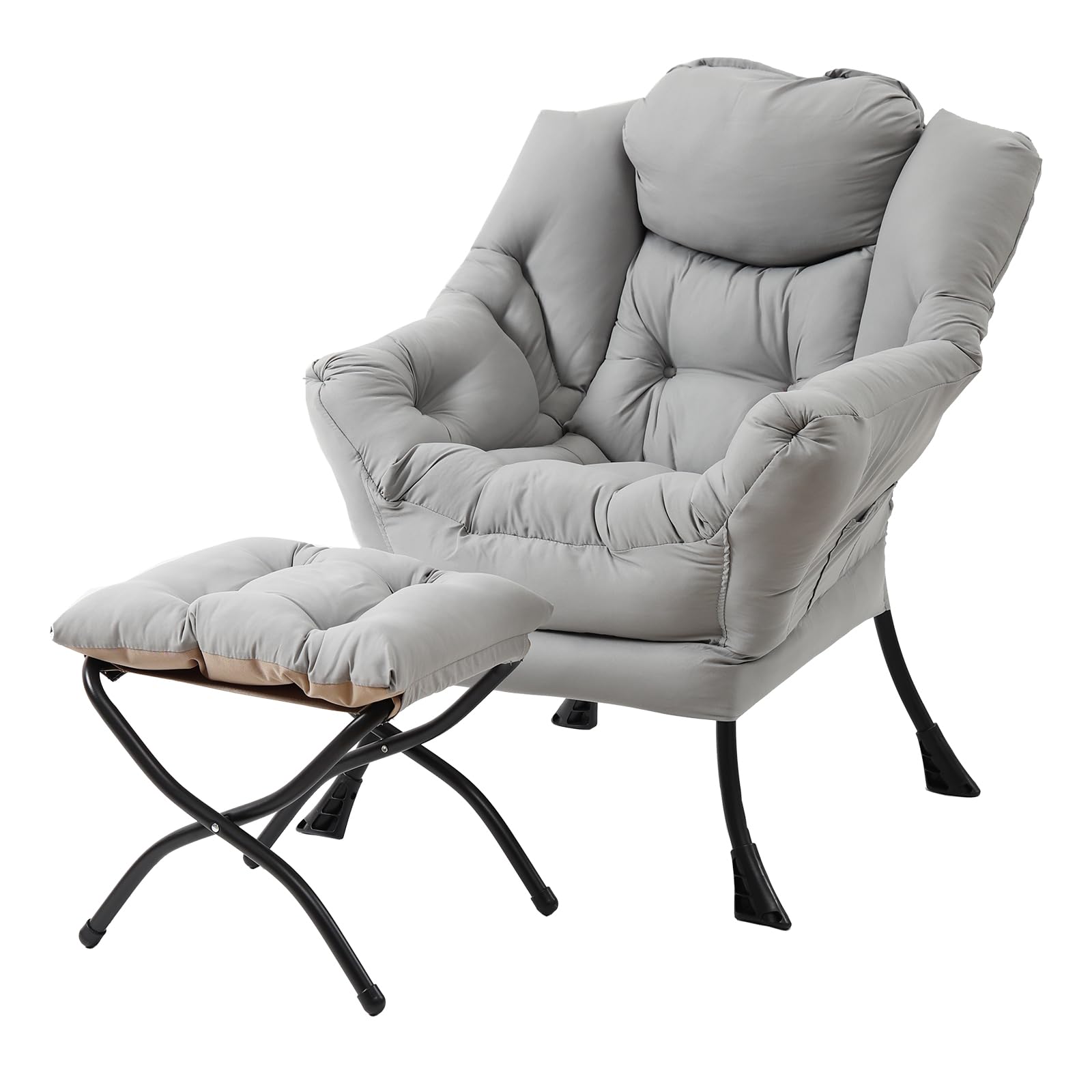 Welnow Lazy Chair with Ottoman, Modern Lounge Accent Chair with Armrests and a Side Pocket, Leisure Sofa Armchair Set, Reading Armchair with Footrest for Small Space, Light Grey