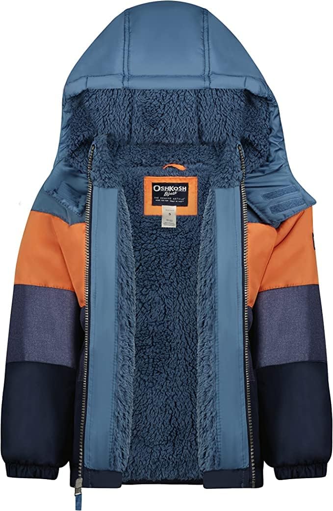 OSHKOSH B'GOSH Boys' Heavyweight Winter Jacket with Sherpa Lining, Blue/Orange, 4
