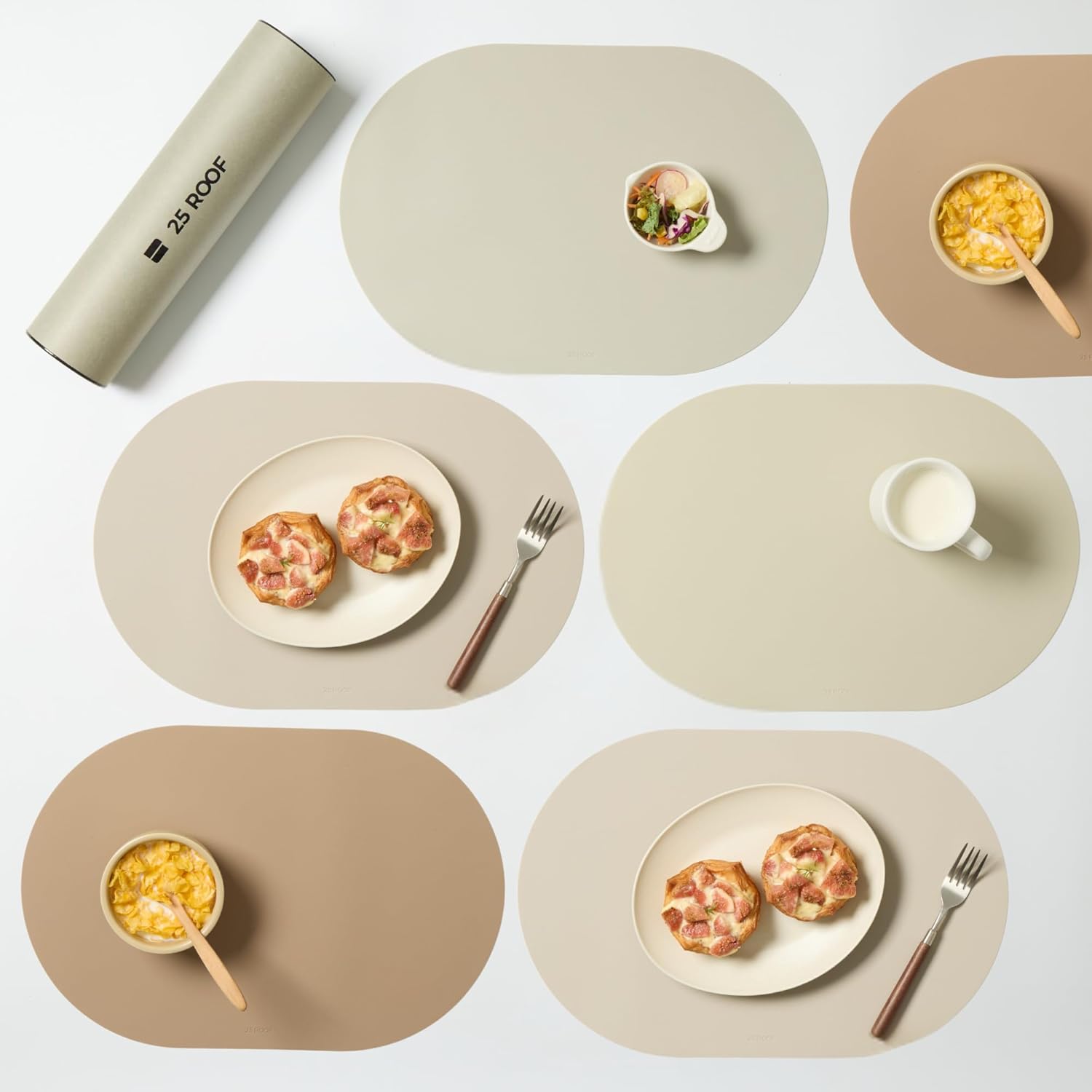 Beige Oval Silicone Placemats Set of 6 – Heat Resistant, Waterproof, Easy to Clean Non-Slip Modern Dining Table Mats – Premium Leather Textured Japandi Kitchen Decor