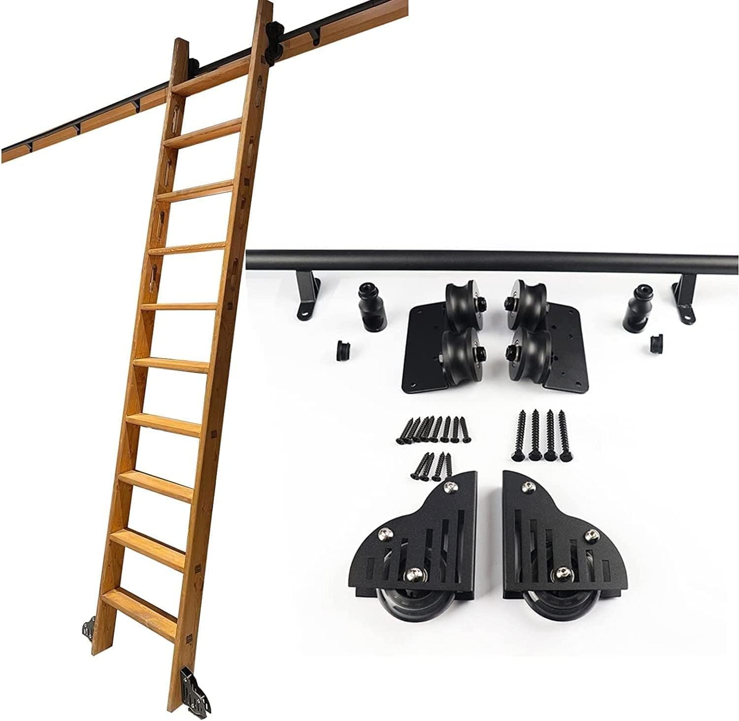 Sliding Ladder Hardware Kit - 16.4 ft Carbon Steel Track with Floor Wheels & Brakes - Ideal for Library Home & Industrial Use - Durable & Easy to Install