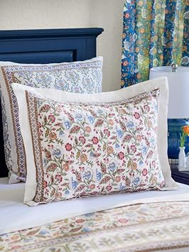 Saffron Marigold Pillow Floral Enchanted - Ivory, Quality Cotton, Fair Trade, Boho Bedding, Farmhouse Kitchen Style, Vintage Floral Design, 27 x 21 in