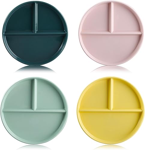 Miniatura 8 de Platos de control de porciones de 9 pulgadas (paquete de 4) platos divididos de plástico para adultos, plato llano de 3 compartimentos, perfecto