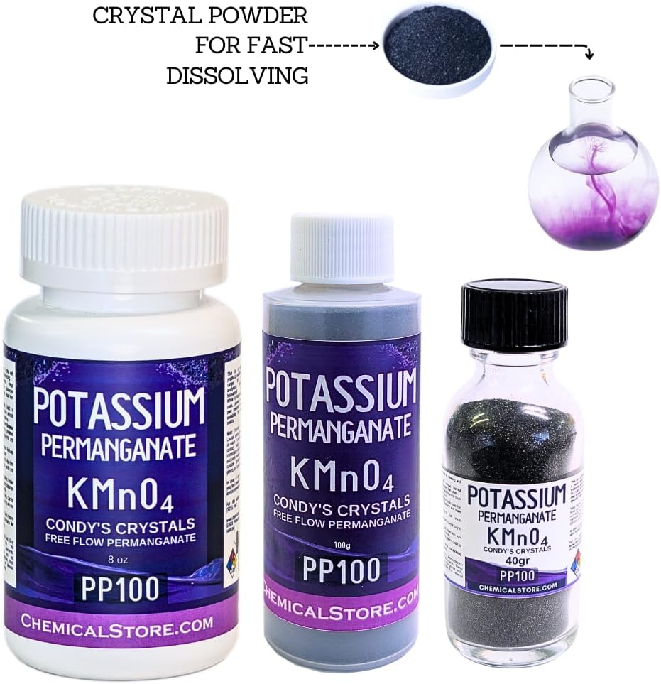 Potassium Permanganate - CHEMICALSTORE.COM Condy's Crystals, FreeFlow, Powder | 97% Pure KMnO4 | for Water Purification, Disinfection & Aquaculture | Removes Iron & Manganese (200 Grams)
