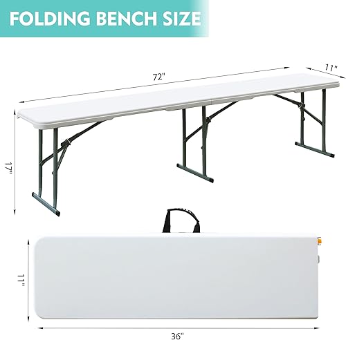 Miniatura 3 de MIRSION Folding Bench, 6FT Plastic Foldtable Bench with Handles, Outdoor Portable Stackable Bench for Party Camping and Picnic, White