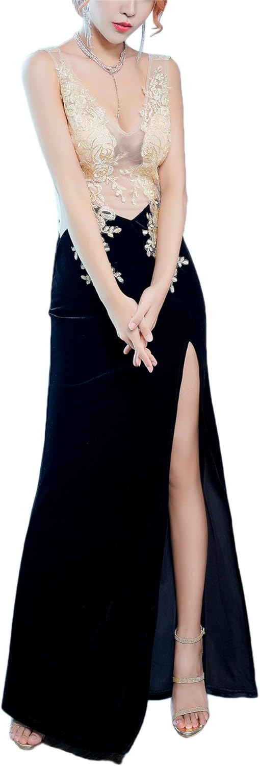 Women's Sexy V-Neck Sleeveless Velvet Slit Evening Bridesmaid Cocktail Prom Dress