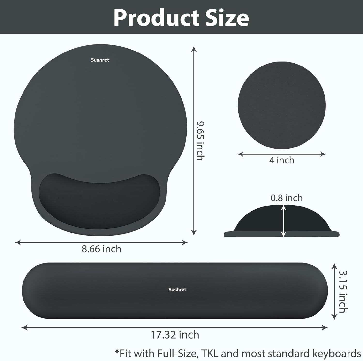 Sushret Mouse Pad and Keyboard Wrist Rest, 3-in-1 Gel Memory Foam Ergonomic Mouse Pad with Wrist Rest Set, Gaming Mousepad Arm Cushion Support for Computer Office Desk Accessories Cute Setup, Charcoal