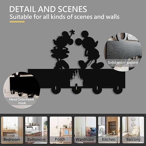 Miniatura 5 de Ganchos negros para llaves de pared, 5 ganchos de madera, para decoración del hogar, para sala de estar, entrada y sala de estar, soporte para