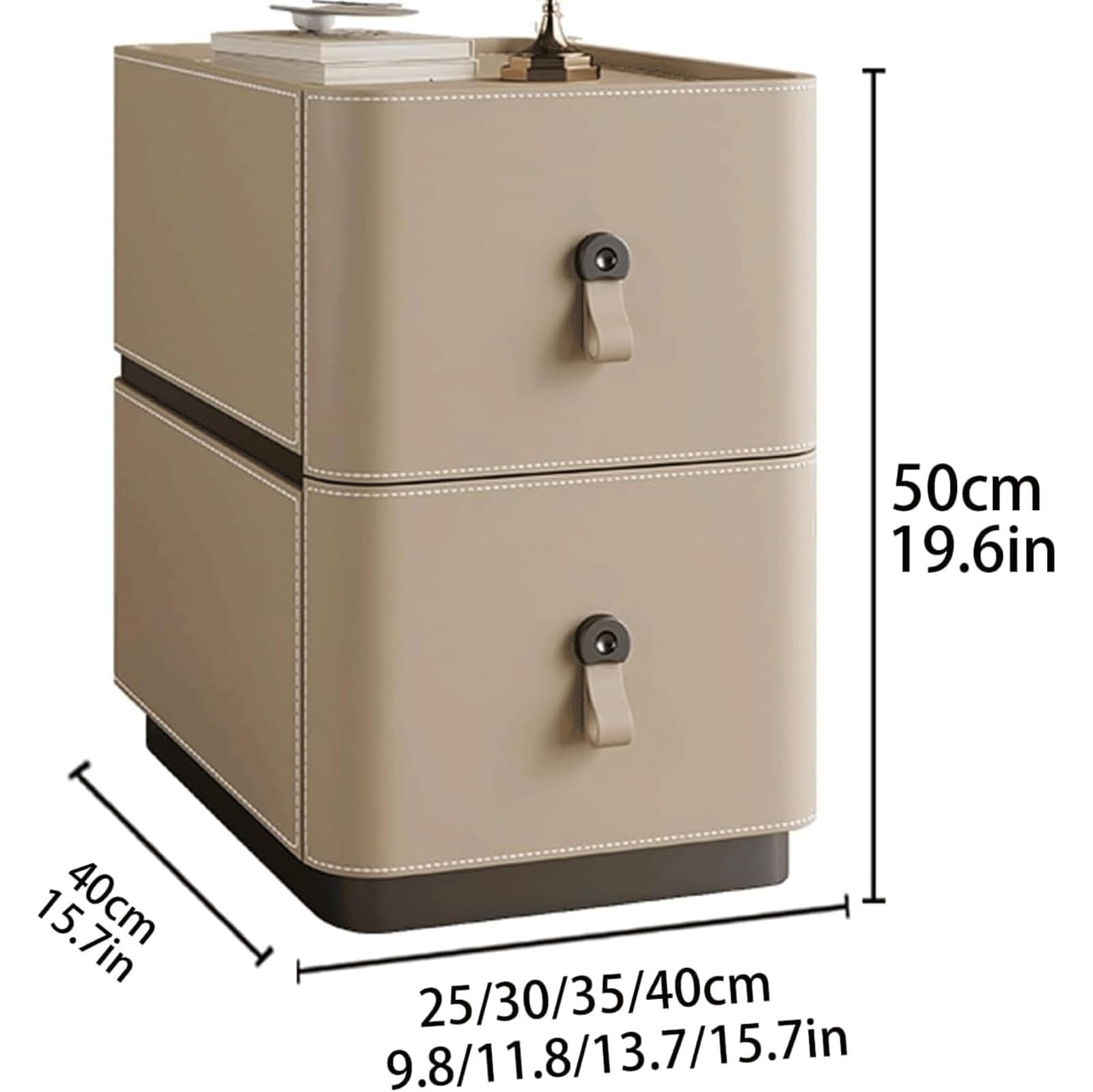 Stolik nocny z 2 szufladami, stolik nocny z litego drewna, skórzane wykończenie premium, mała szafka do przechowywania do sypialni, szara, 30 cm