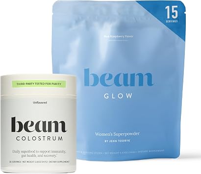 مجموعة بودرة Beam Glow + Colostrum Beauty and Gut Health Superfood Duo لبشرة مشرقة وشعر صحي ودعم المناعة وتوازن الجهاز الهضمي والترطيب والعافية اليومية من الداخل