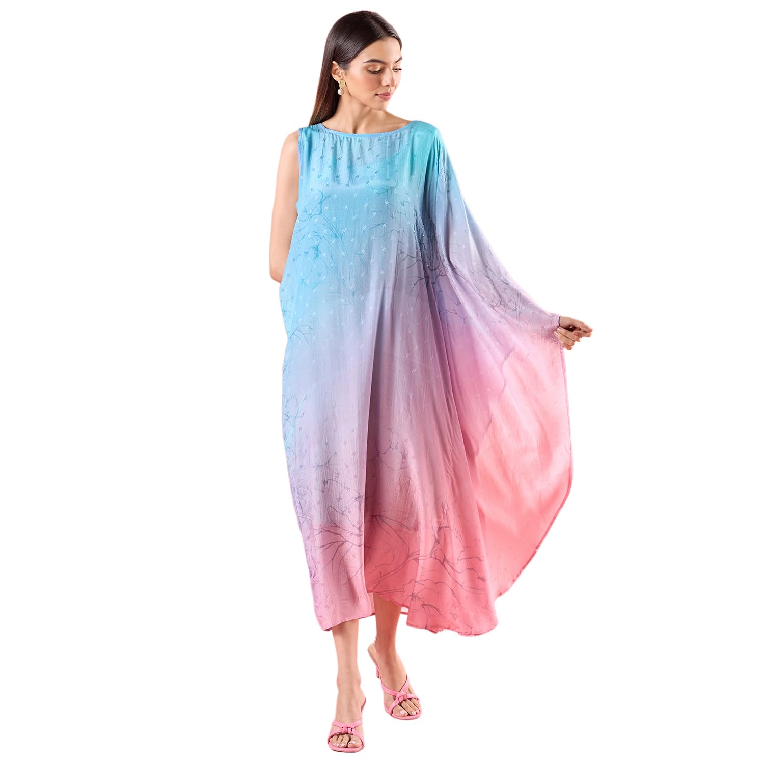 Navyasa Pink Liva Jacquard Abstract Print Kaftan Set-image-25