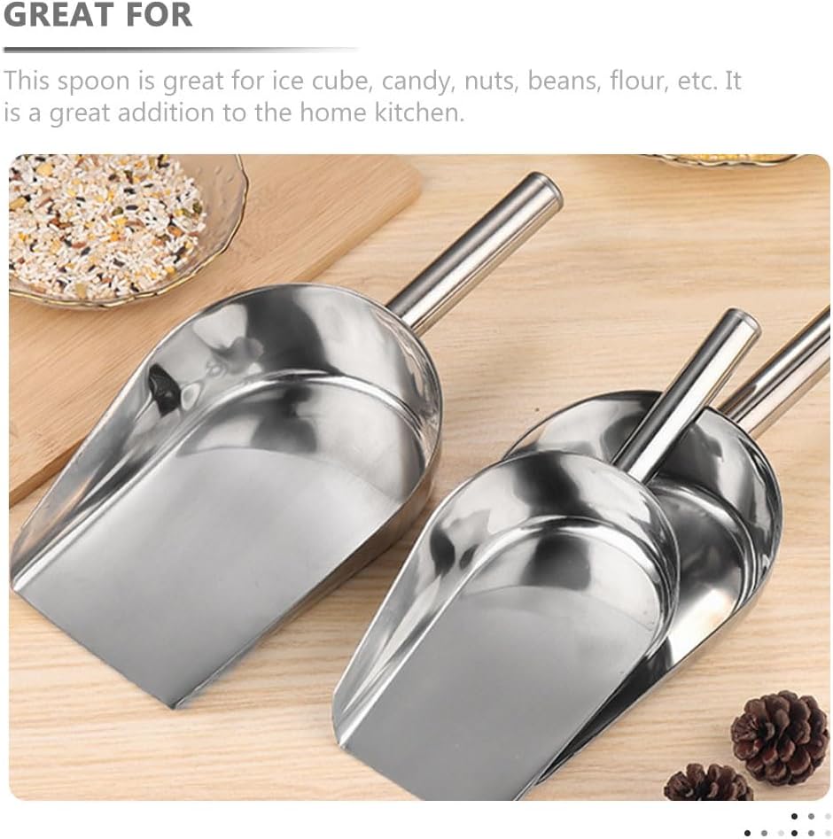 2pcs Stainless Steel Flat Bottom Bar Ice Flour Utility Scoop, Dry Bin Candy Scoop for Kitchen Wedding, SIlver