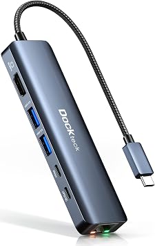 Dockteck USB-C 6 in 1 Multiport Adapter - 8K HDMI, 2 USB-A 5 Gbps, 100W PD, 1Gbps Ethernet for MacBook Pro, Air, HP, XPS and More
