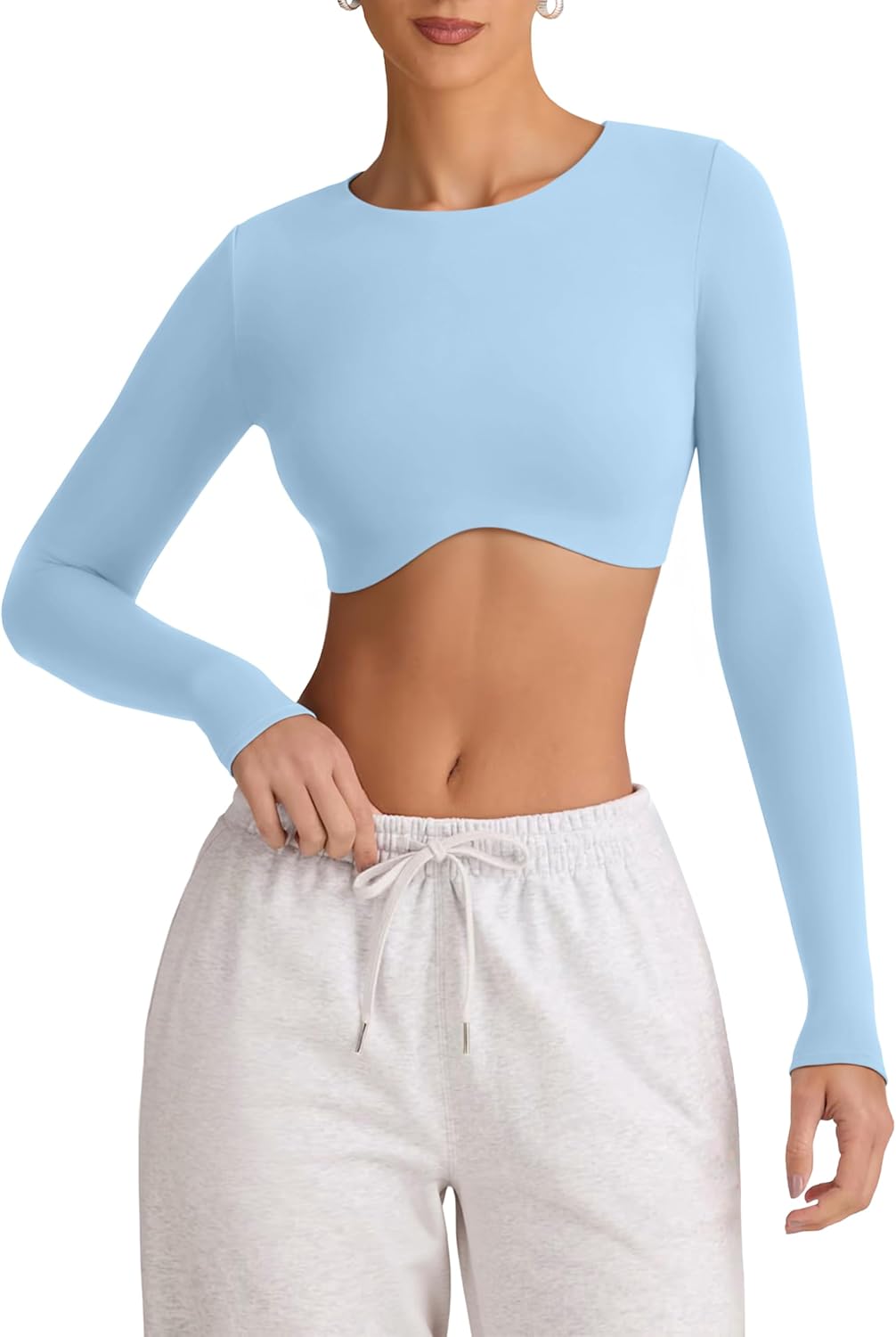 LASLULU Womens Sexy Double Lined Long Sleeve Shirts Crewneck Workout Tops Athletic Yoga Shirts Going Out Crop Tops - Image 2