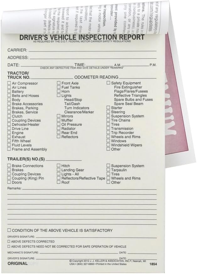 Detailed Driver's Vehicle Inspection Report 50-pk. - Book Format with 31 Sets, 2-Ply Carbonless, 5.5" x 8.5", Meet FMCSR Requirements, J. J. Keller & Associates, Inc.
