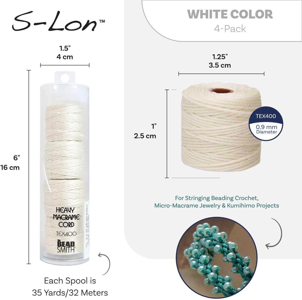 The Beadsmith S-Lon Heavy Nylon Cord – White Color – TEX400, .9mm Diameter, 4-Pack, 35 Yard Spools – for Stringing Beading Crochet, Micro-Macrame Jewelry & Kumihimo Projects