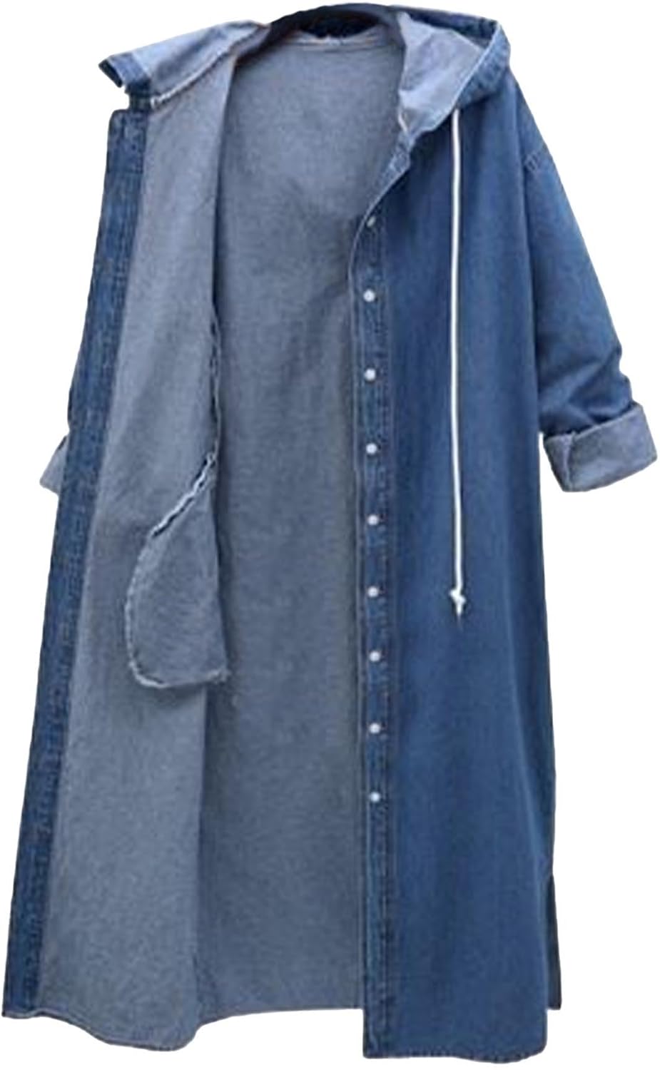Raboolion Women's Long Denim Hooded Jacket Oversized Drawstring Button Trench Jean Jacket Coat - Image 4