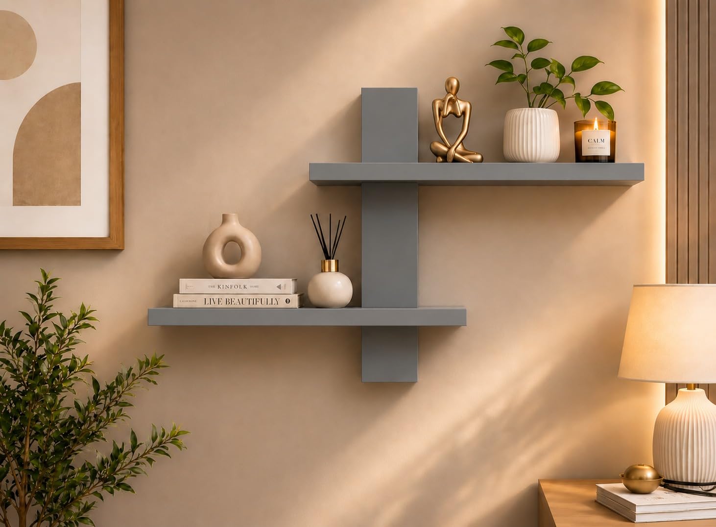 Elcom Handicrafts Wooden Floating Wall Shelf for Living Room | Modern Wall Mounted Display Shelf for Bedroom, Office & Home Decor | Engineered Wood Decorative Storage Rack | Grey-picture-39