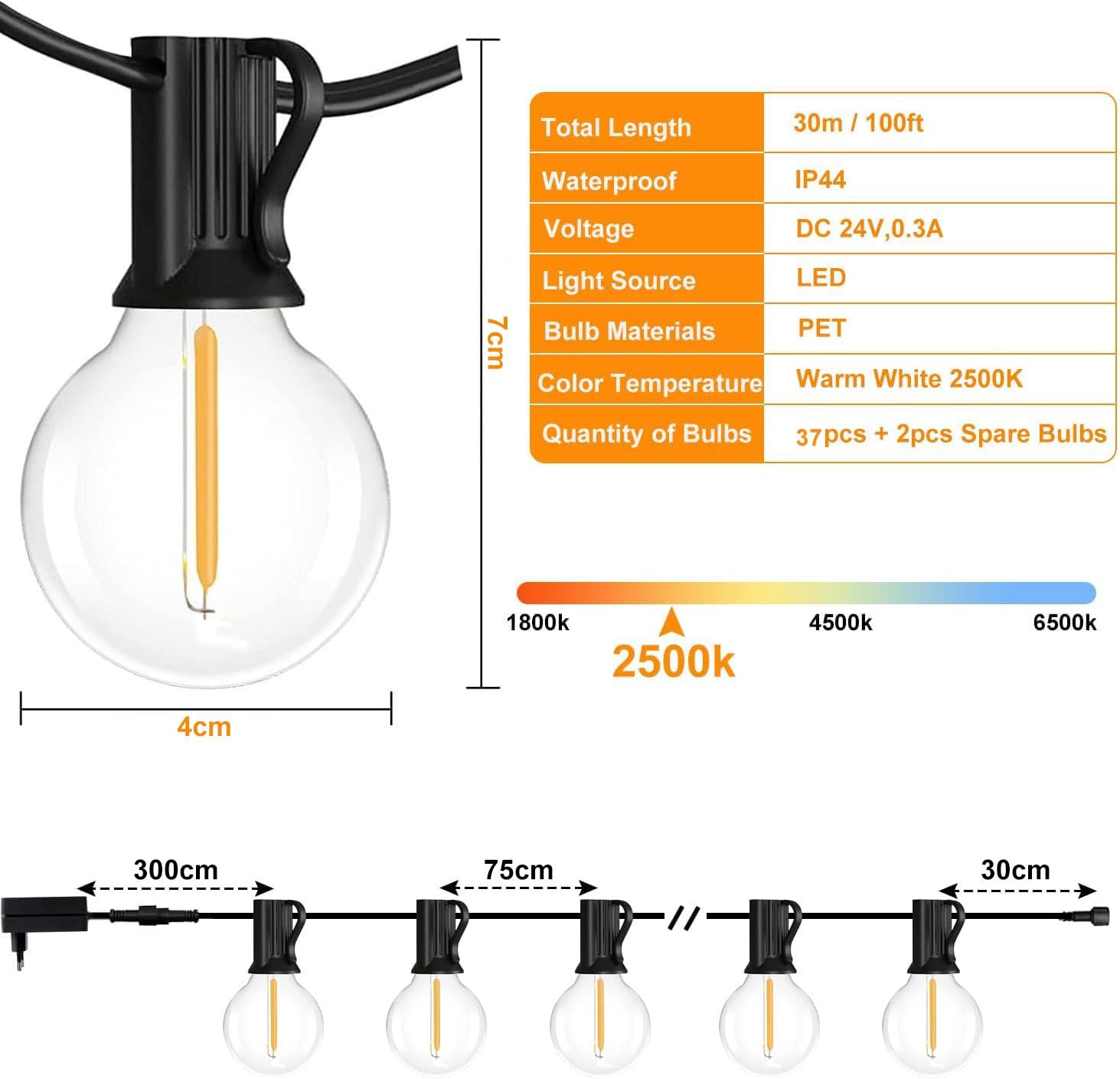Catena Luminosa Esterno - 30m 37+2 G40 LED Lampadine Luci da Esterno Giardino IP44 Impermeabile Infrangibile Catene Luminose Esterni Decorative per Terrazzo Partito Balcone (30m 37+2 con Dimmer)