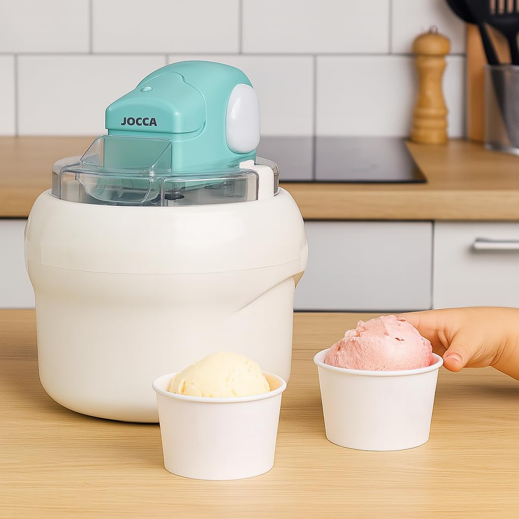 JOCCA - Máquina para hacer helados 700ml | Ice Cream Maker con bol refrigerante | Helado casero en 30 min | Motor extraíble | Fácil de usar y limpiar | Diseño blanco y turquesa