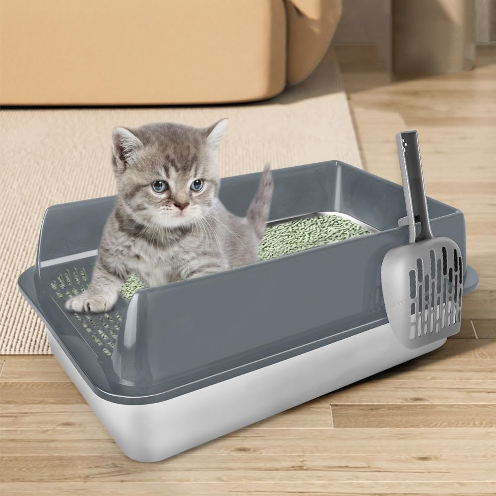Bac Litiere pour Chat,Grande Litière en Acier Inoxydable pour Chat XXL et Lapins, n'absorbe Pas Les odeurs,Anti-Taches, antirouille, Surface Lisse antiadhésive,avec Pelle (Gris-50 * 35 * 24cm)