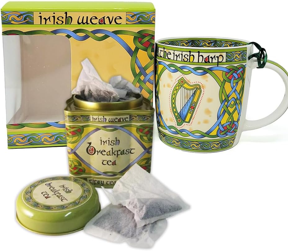 Irish Harp Mug Set with Matching Irish Box Bone China Cup Capacity is 370ml/12.5fl Tea and Tea Bag Holder Present Gift (1Boxed Mug and Tea), CL-73-5-Boxed