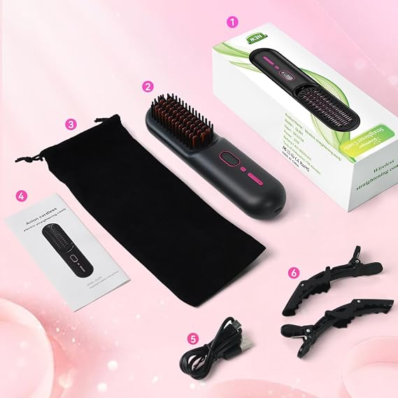 Cordless Hair Straightener Brush - 20 Million Anion Hair Straightener Brush for Women, Portable Straightening Brush for Travel, LCD Display, 2 Hair Clips, Black