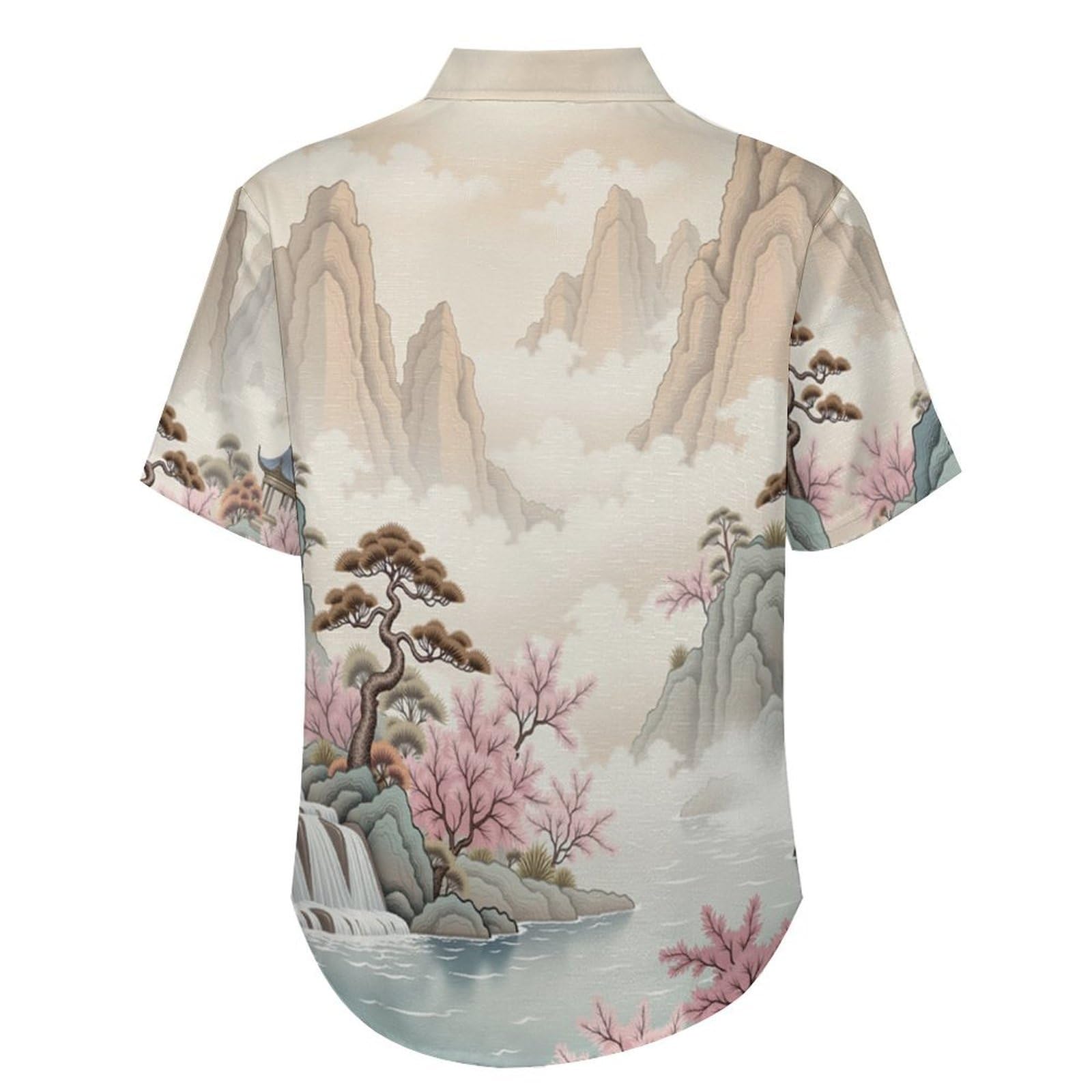 Camicia Casual da Uomo, Cascata Albero di Pesco in Fiore Stampa Maglietta Estiva a Maniche Corte Stile Stile Cinese Casual Button Down Hawaiani Camicie Risvolto Spiaggia Top