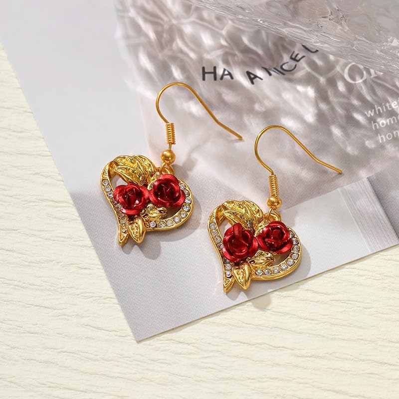 Caiyao Rose Flower Earrings and Necklace Set for Women Love Heart Shape Dainty Rose Flower Jewelry Mother's day Valentine's Day Gift - Image 3