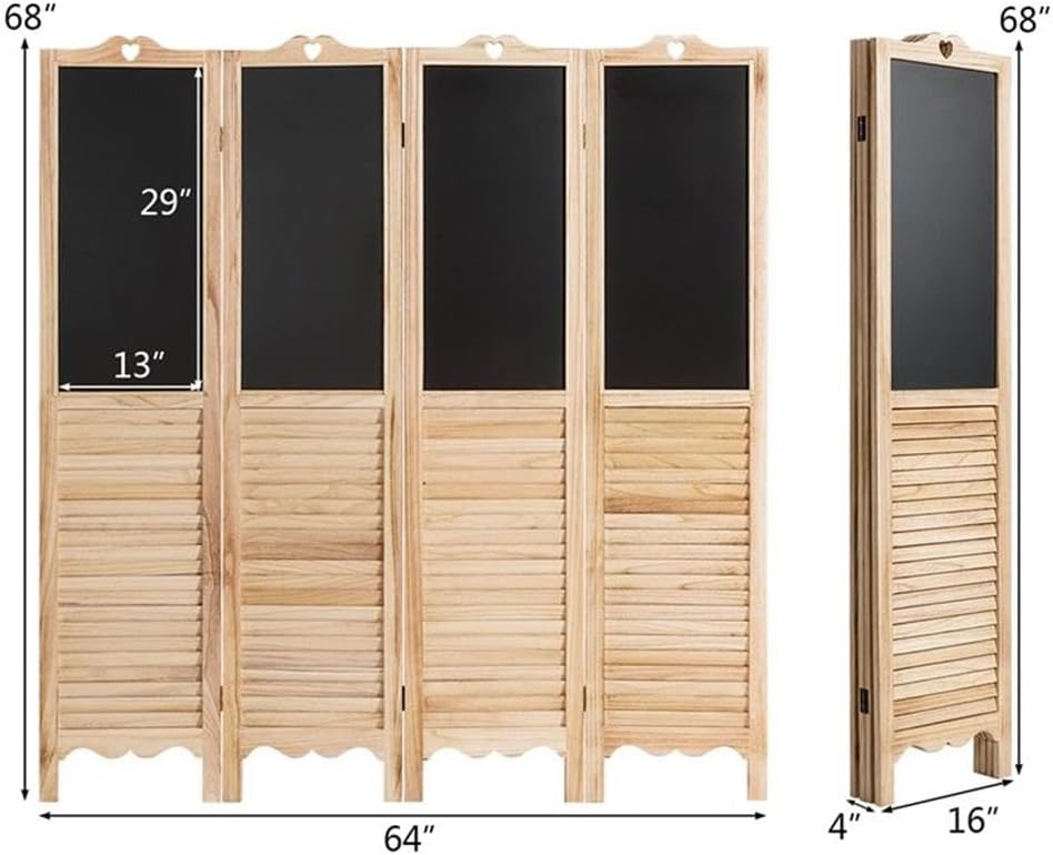 Pemberly Row 4-Panel Wood Folding Divider Screen, 63.5" L x 1" W x 68" H, Natural Paulownia Wood, Blackboard Panels, Foldable Design, Privacy Screen for Home, Office or Decor Use