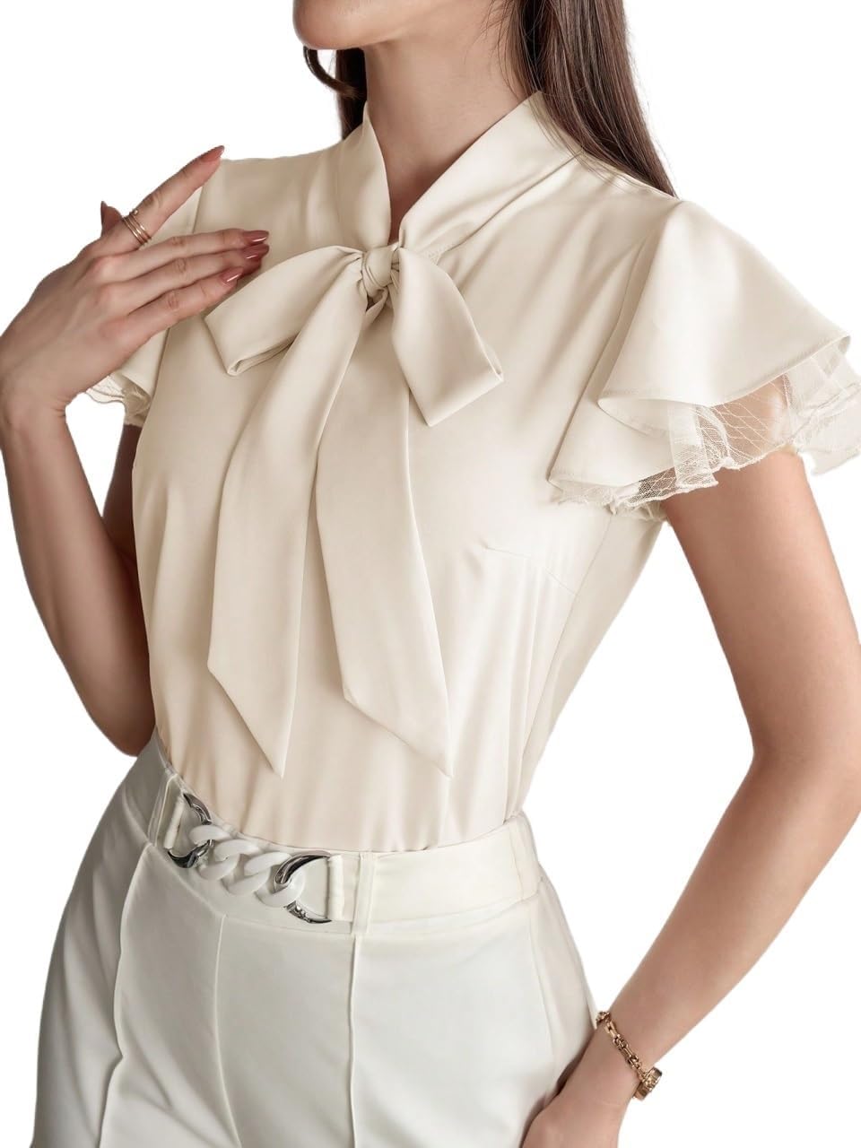 Women's Classic-Fit Shirt Color Collar Mesh Chiffon Blouse