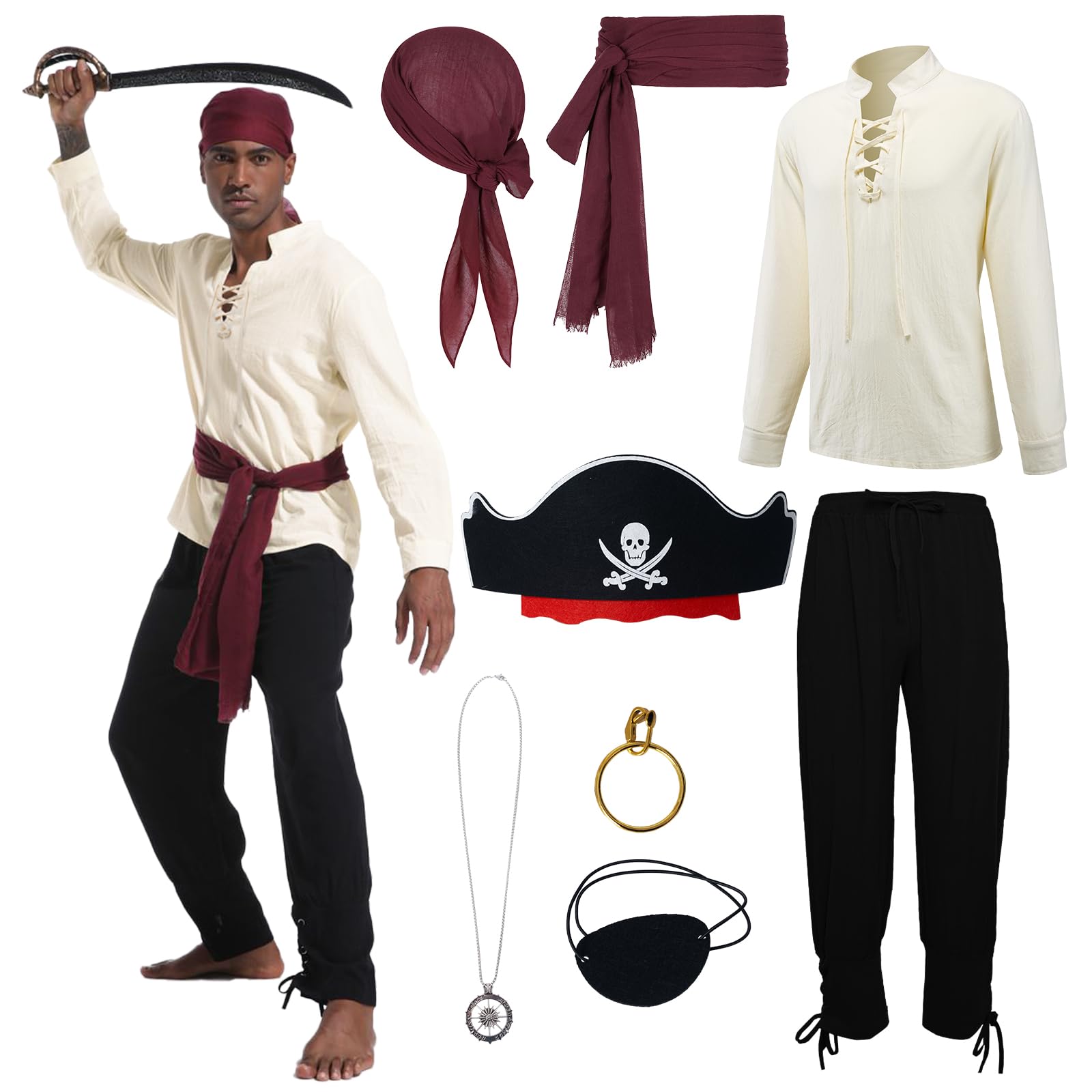 AJGEGJE 8 Pcs Pirate Costume Adult Men, Pirate Costume Accessories with Renaissance Shirt, Pants, Headscarf, Belt, for Halloween Cosplay Party (XL)