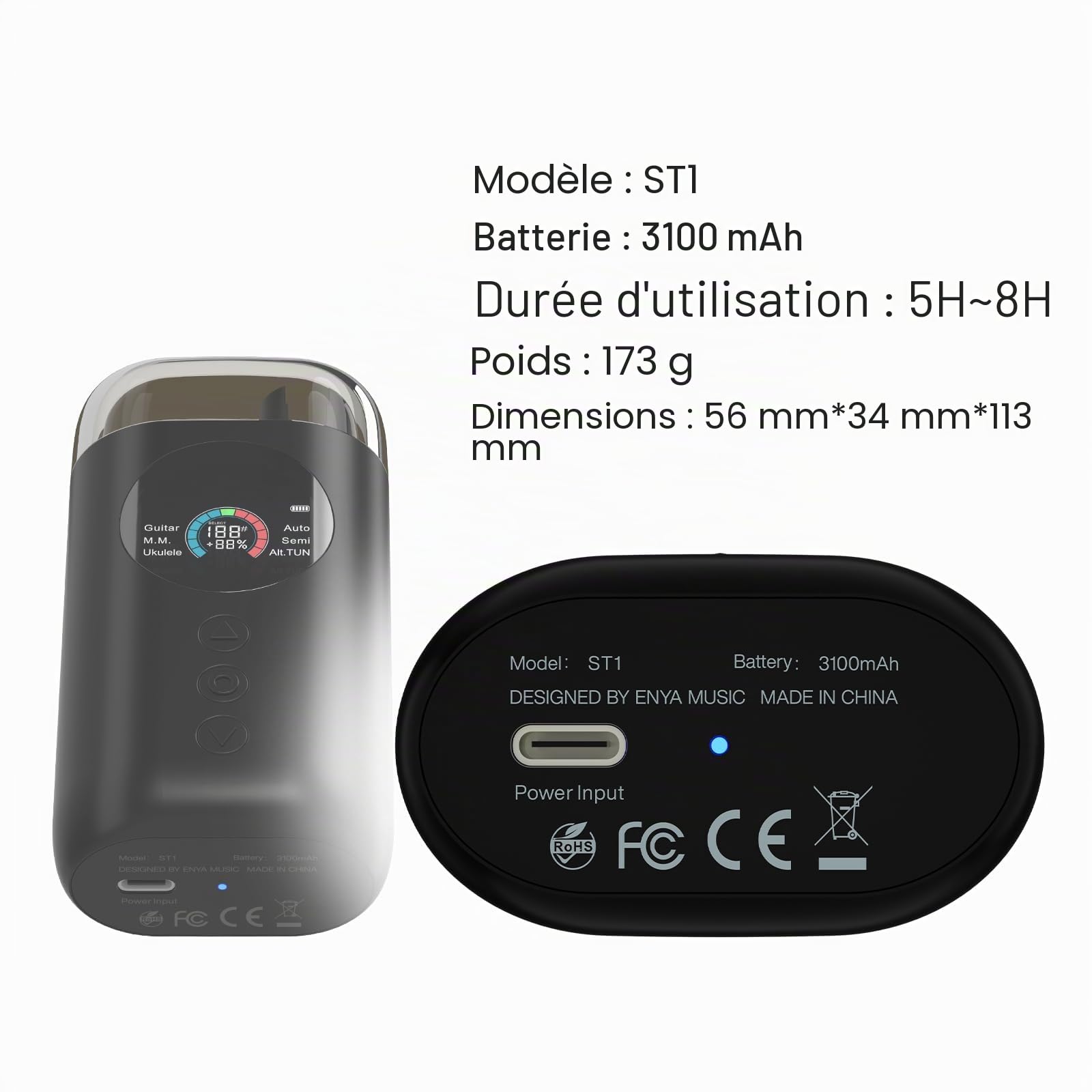 Enya Smart Automatic Guitar Tuner ST1, écran LCD couleur complet – métronome et enrouleur de cordes – pour guitares électriques, guitares acoustiques, ukulélé, banjo, mandoline, Noir