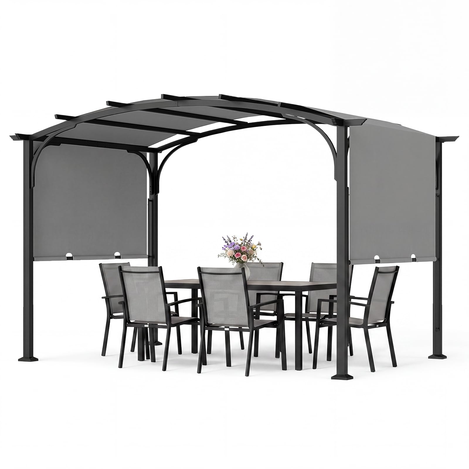 COSTWAY Pérgola Retráctil para Exterior, 3 x 2,4m, Cenador de Jardín con Techo Arqueado, Estructura Metálica y Tejido de Poliéster, Pabellón Jardín con Toldo para Patio Terraza Porche (Gris)