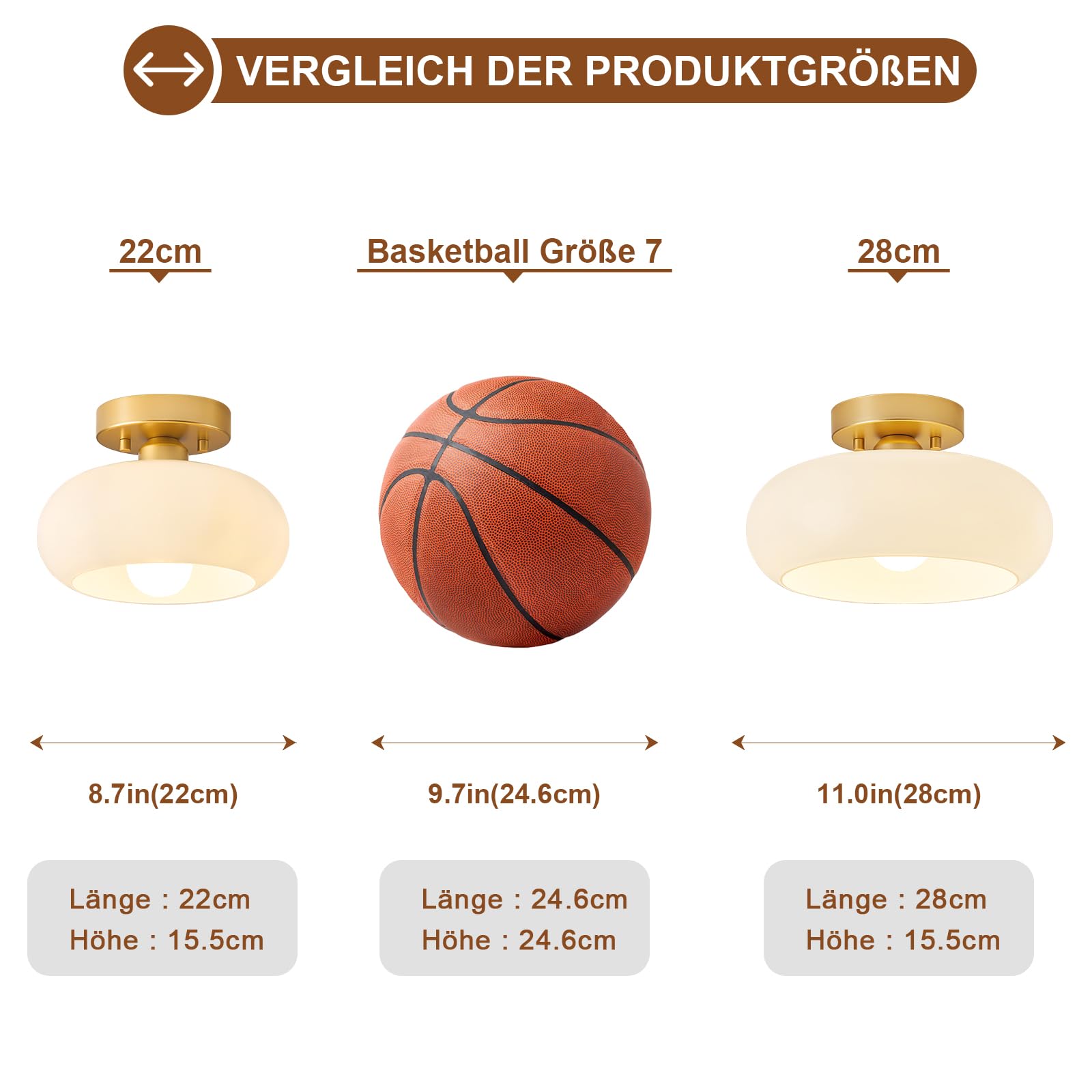 WOKNOS Moderne Weiße Glas Deckenleuchte,Gold Mit Metallsockel,Sockel E27 Deckenlampe,Deckenlampe für Wohnzimmer Schlafzimmer Küche Flur Esszimmer(22CM) | E27-Sockel, ideal zur Beleuchtung von Fluren, Küchen, Schlafzimmern und Wohnzimmern