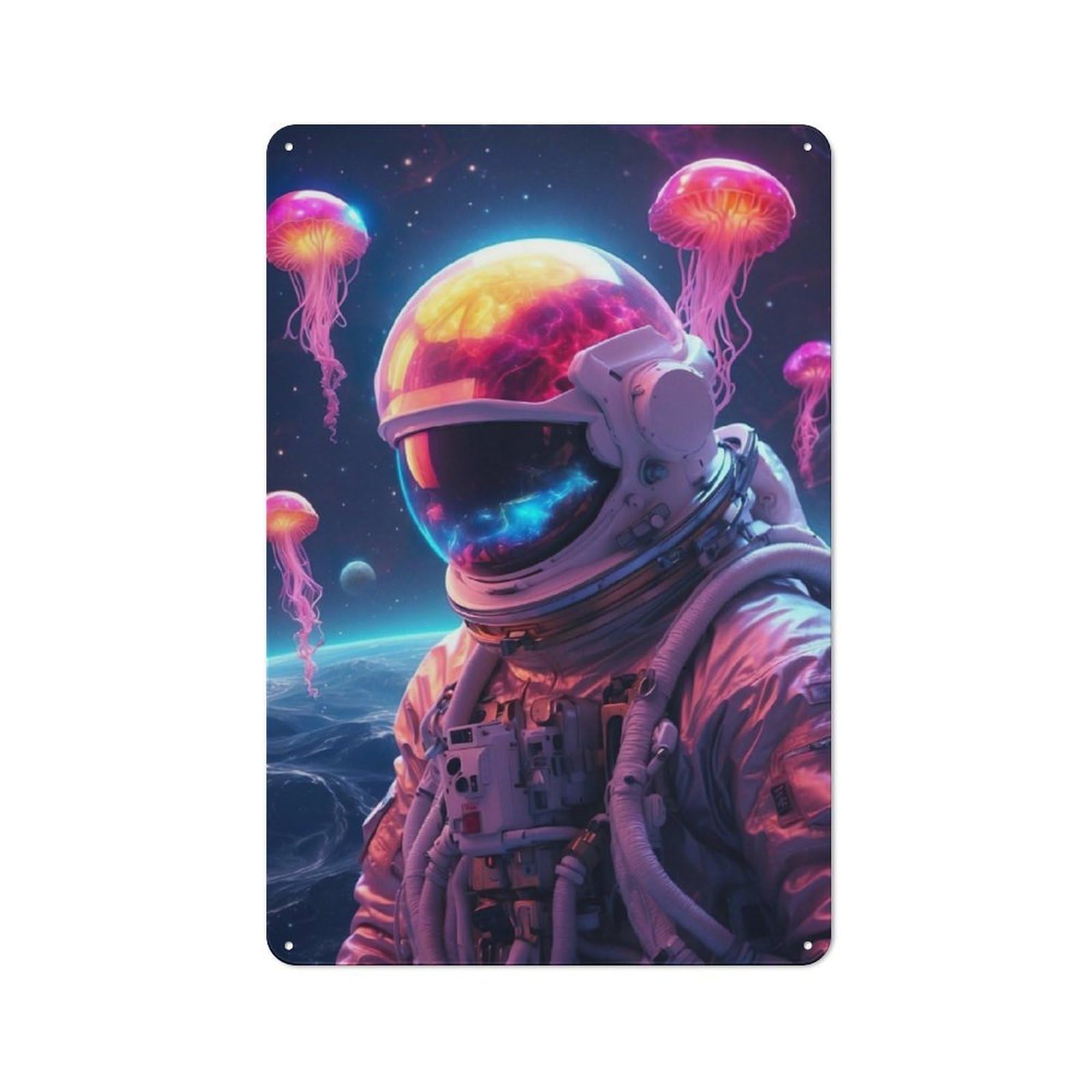Junmoney Space Jellyfish Astronaut Character Decorative Tin Plaque 30X20cm Featuring Home Wall Decor For Flat, Dorm Room, Lounge Or Cafe