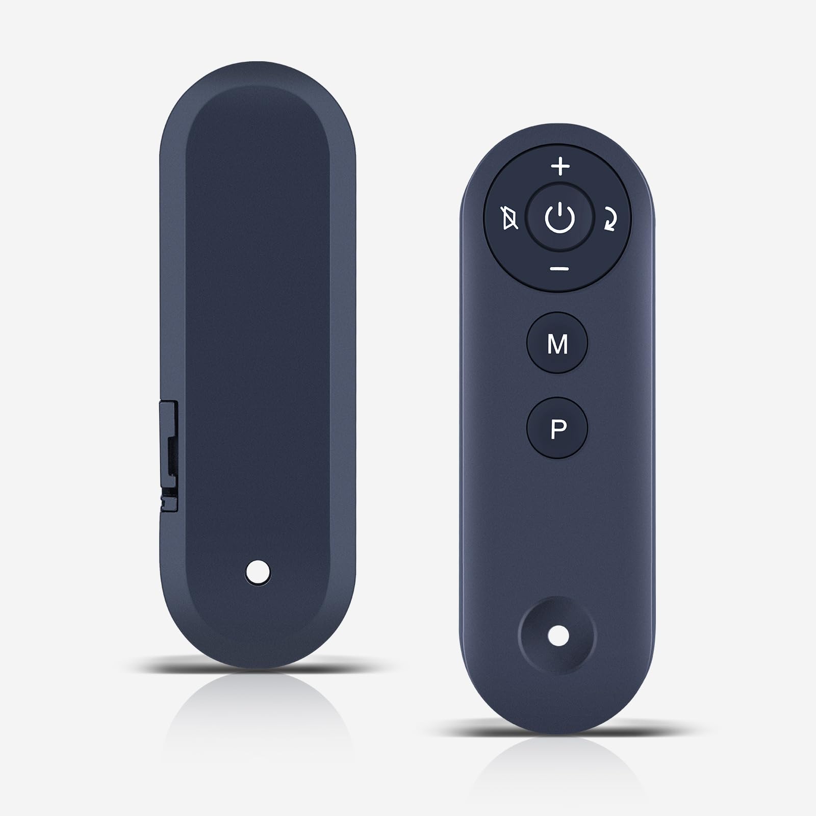 Close-up image of the WDZP GK-001 remote control being held by a hand, showing the button layout. The top circular cluster includes Power, Plus, Minus, and two arrow buttons. Below are 'M' and 'P' rectangular buttons.