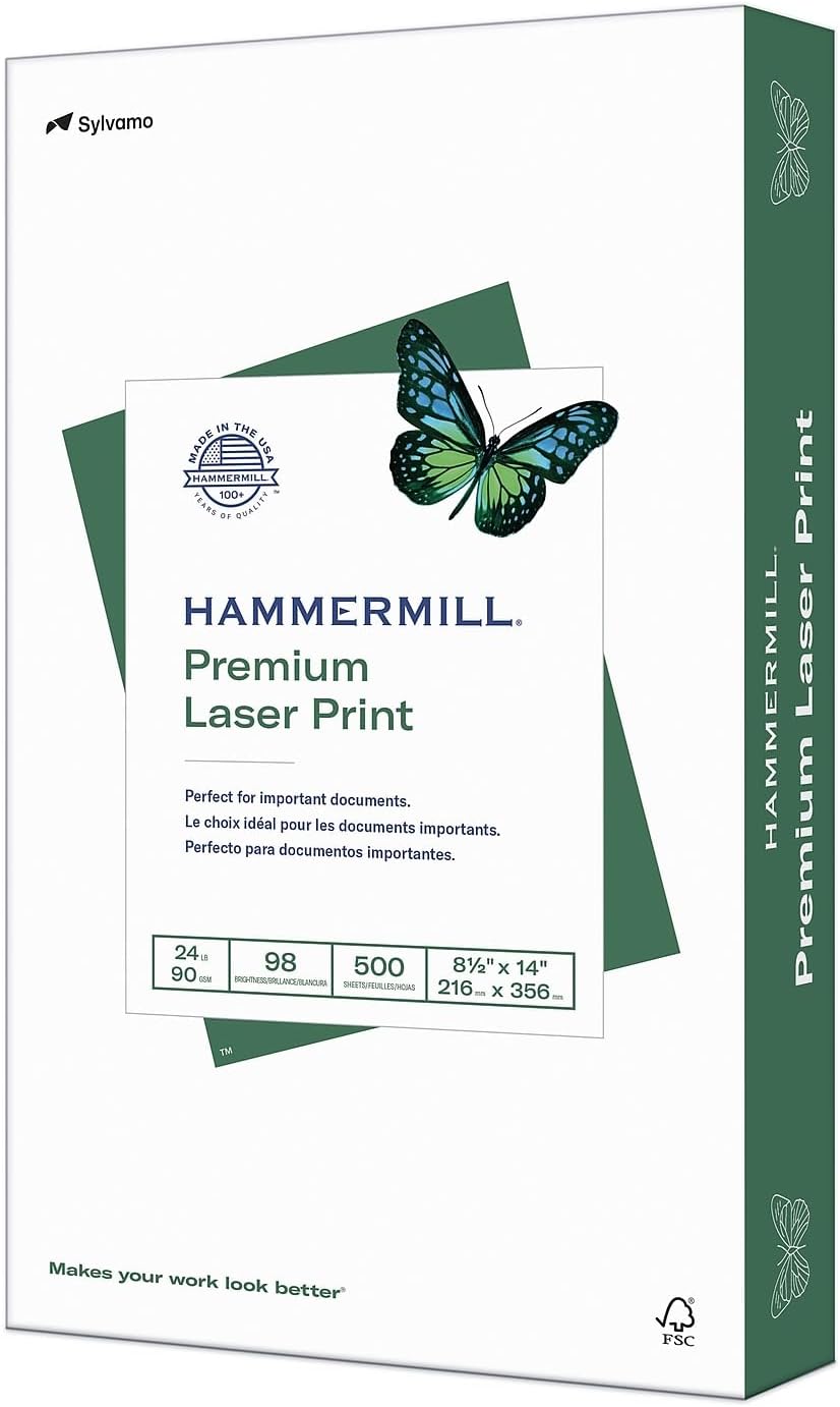 Printer Paper, Premium Laser Print 24 lb, 8.5 x 14-1 Ream (500 Sheets) - 98 Bright, Made in the USA, 104612