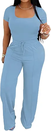 PINSV Women's 2 Piece Lounge Set - Short Sleeve Tops & Wide Leg Pants