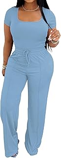Women's 2 Piece Outfits Lounge Short Sleeve Tops High Waisted Wide Leg Pants Tracksuit Sets